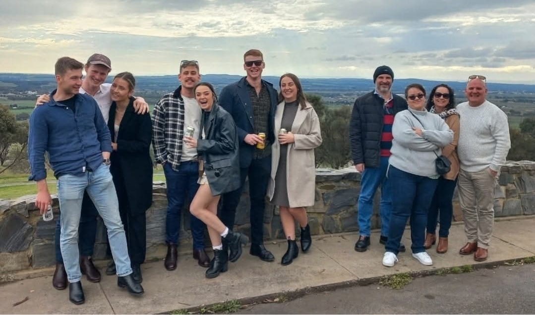 Tour group at the Barossa Valley lookout with panoramic vineyard views