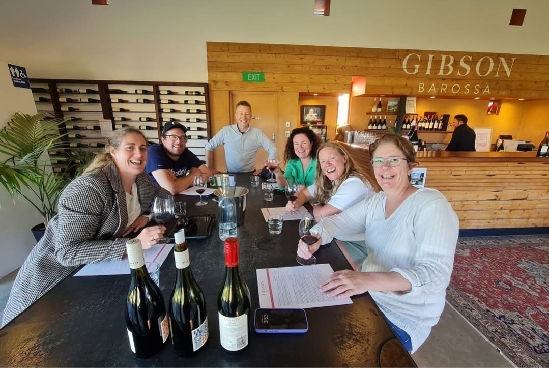 Wine tasting group laughing at Gibson Barossa cellar door